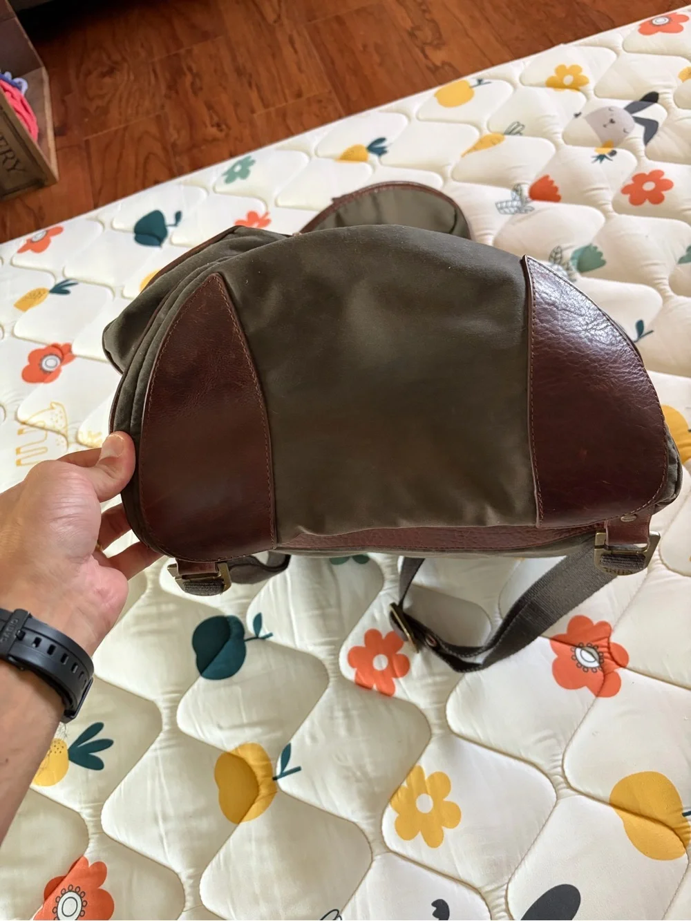 Kuhl Olive Green Canvas Backpack with Brown Leather Trim